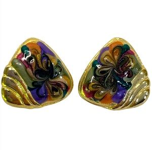 Enamel Colorful Swirl Triangular Pierced Post Earrings Gold Tone USA Vintage